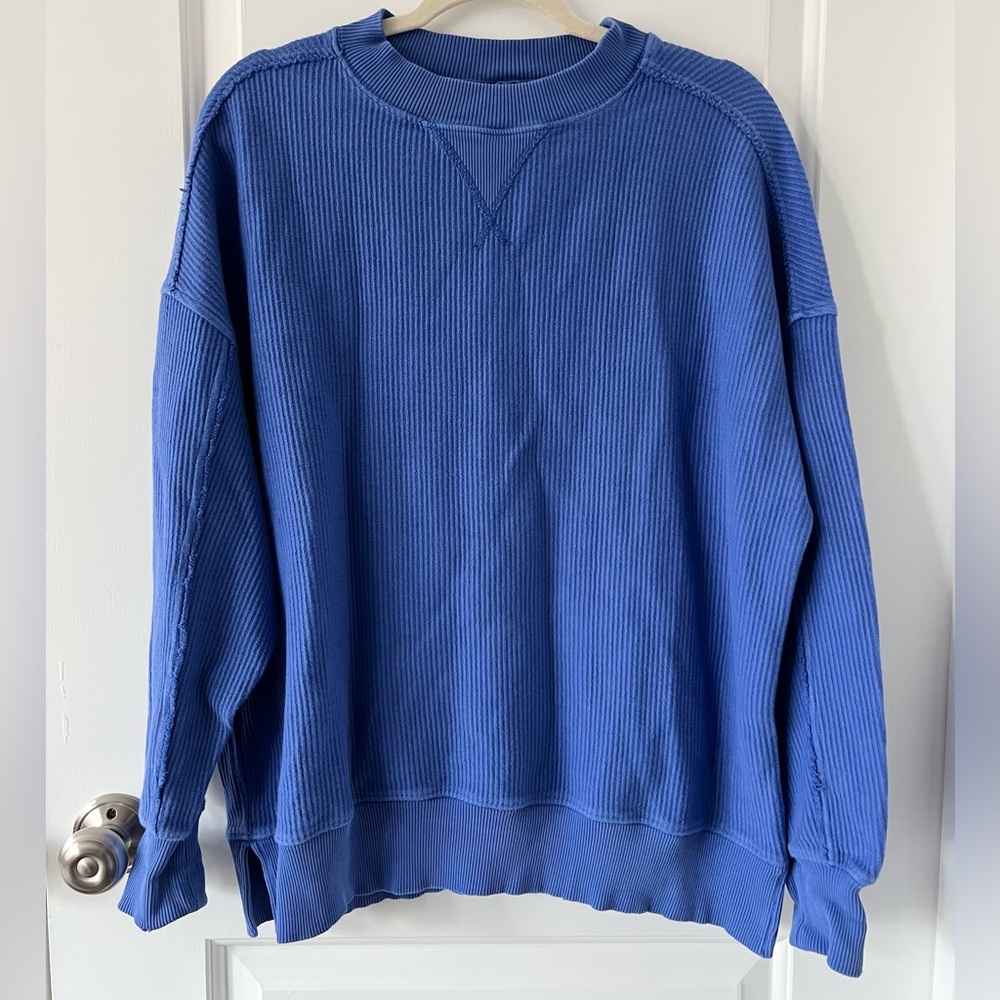 Aerie Big Chill Ribbed Oversized Crewneck Top | Royal Blue | XXS